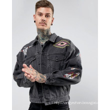 Denim Oversized Jacket with Embroidery in Washed Black